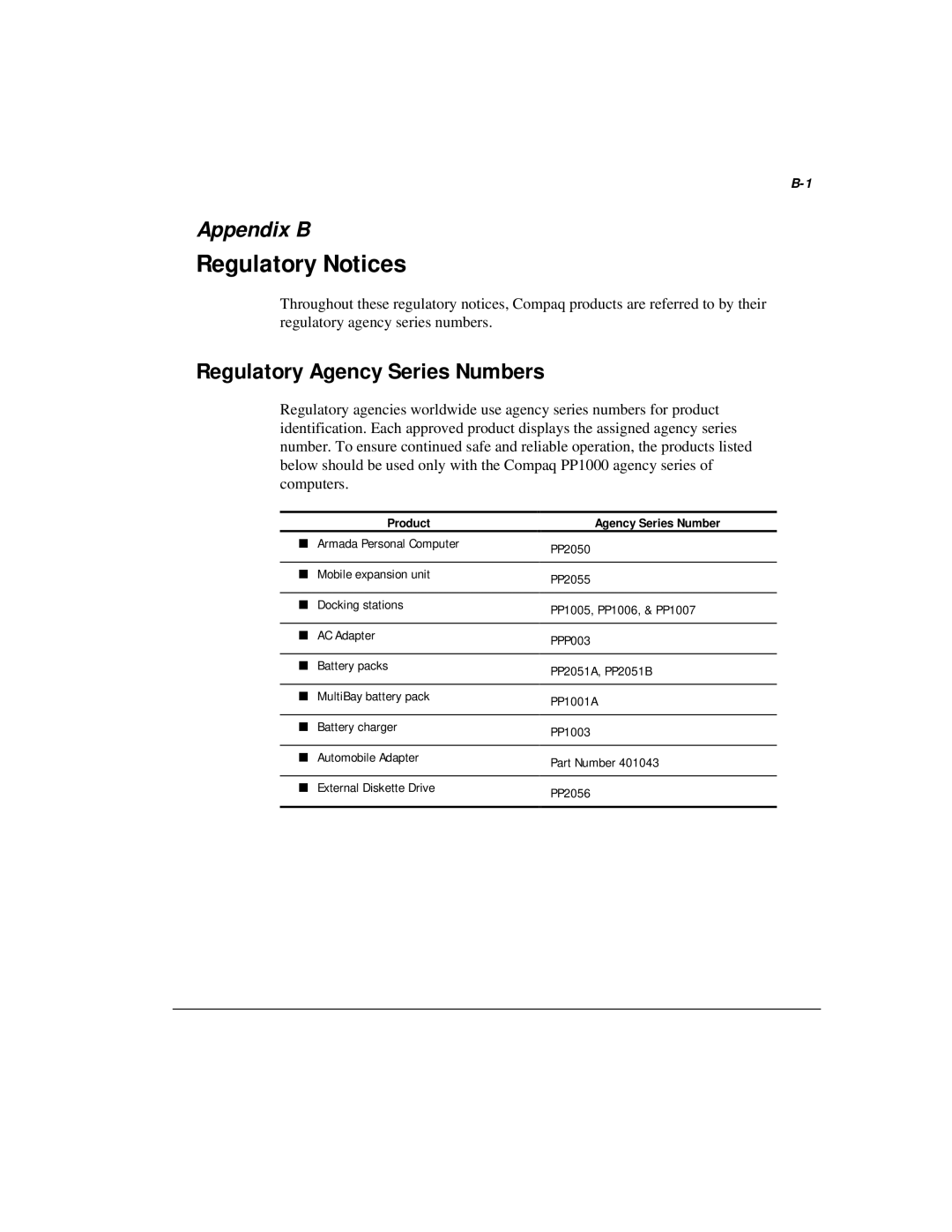 Compaq M300 manual Regulatory Notices, Regulatory Agency Series Numbers, Product 