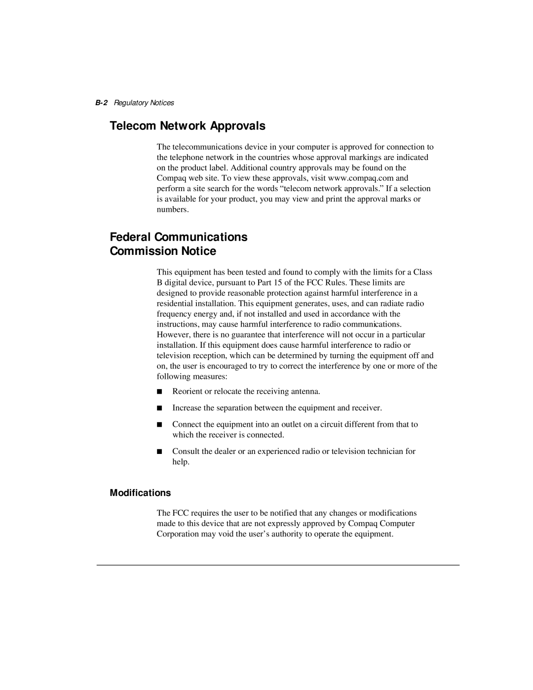 Compaq M300 manual Modifications, 2Regulatory Notices 