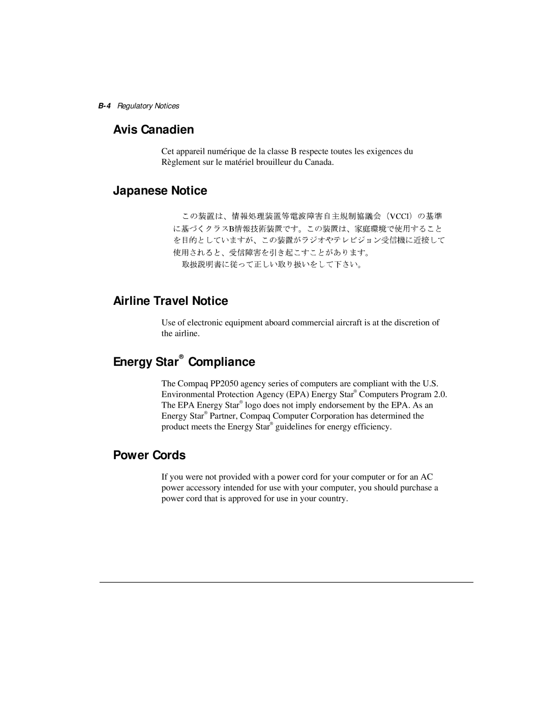 Compaq M300 Avis Canadien, Japanese Notice Airline Travel Notice, Energy Star Compliance, Power Cords, 4Regulatory Notices 