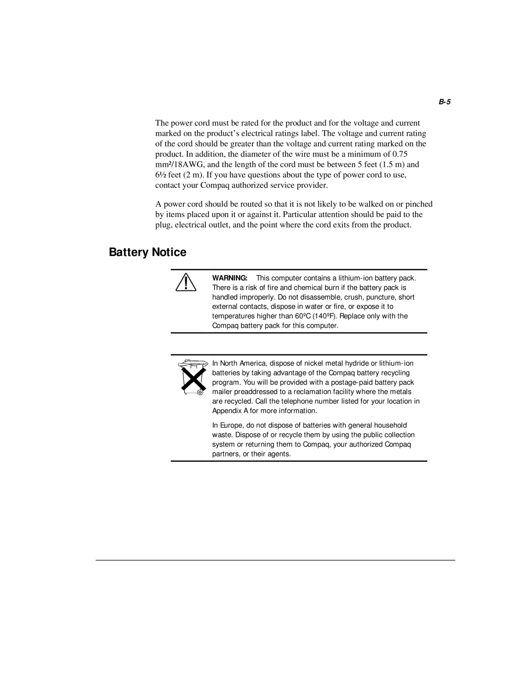 Compaq M300 manual Battery Notice 