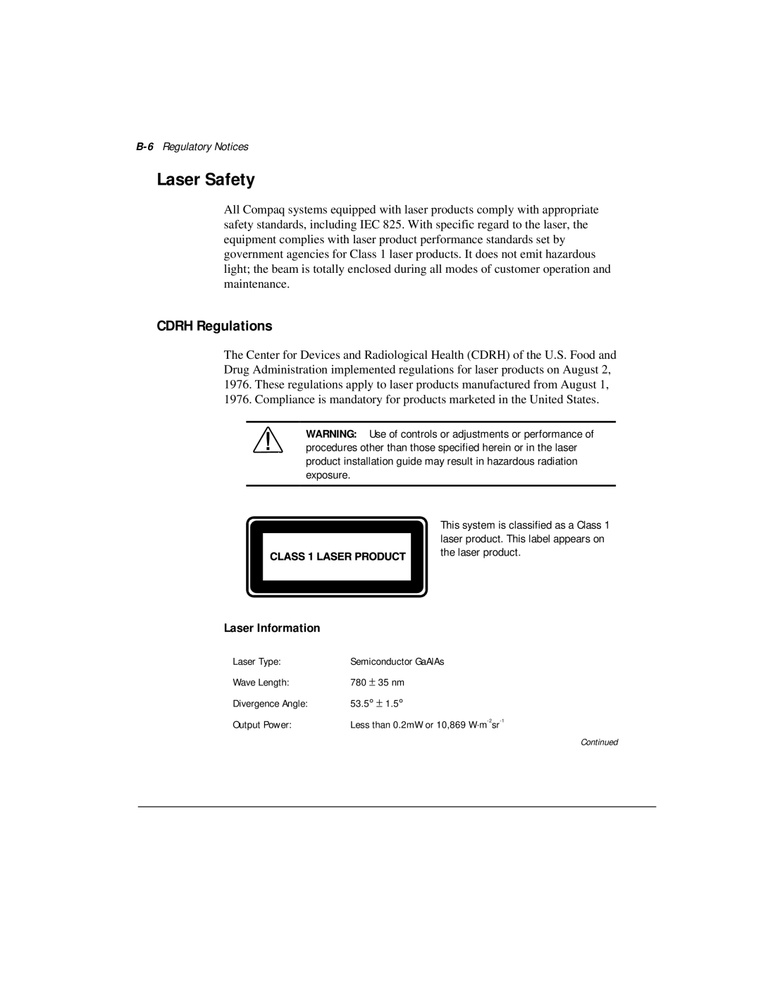 Compaq M300 manual Laser Safety, Cdrh Regulations, Laser Information, 6Regulatory Notices 