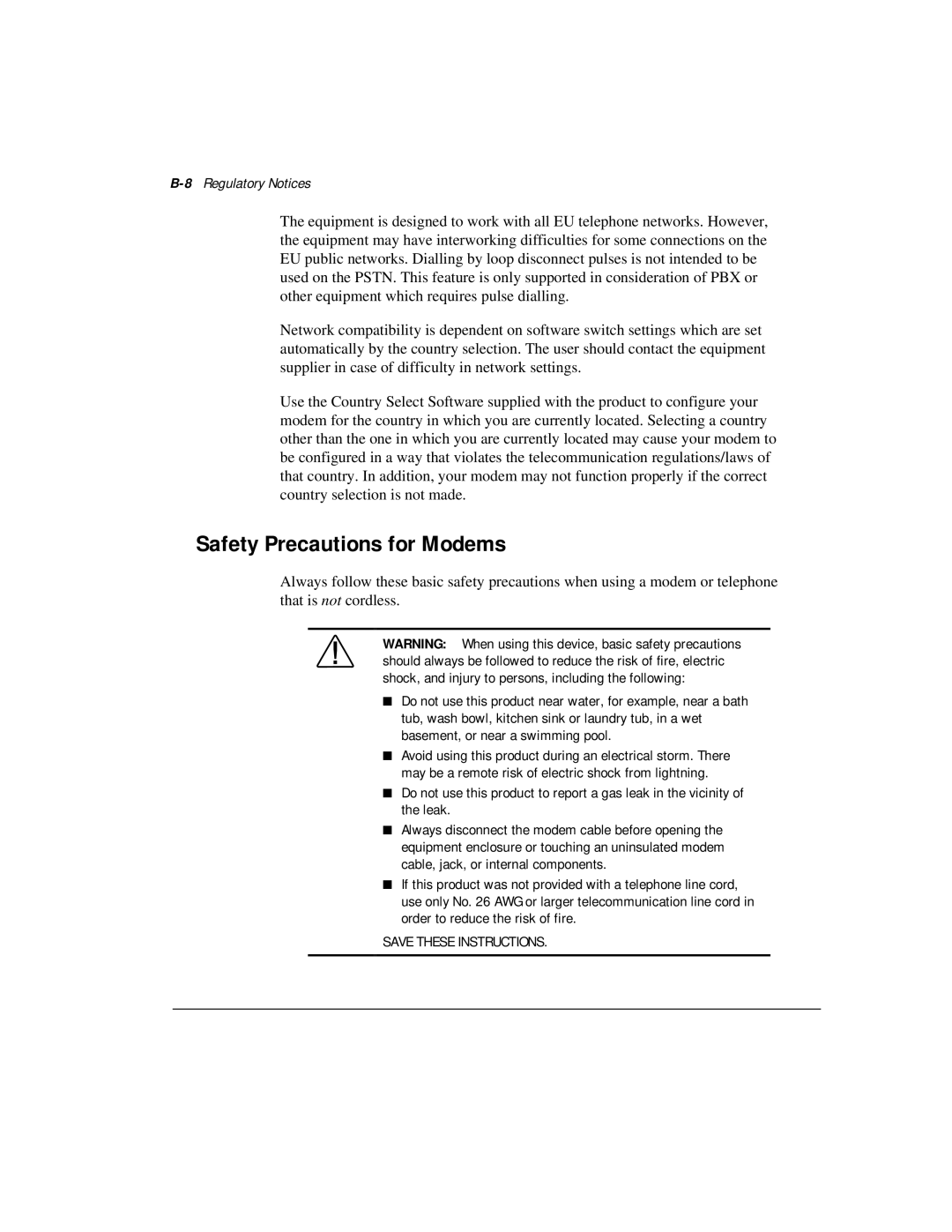 Compaq M300 manual Safety Precautions for Modems, 8Regulatory Notices 