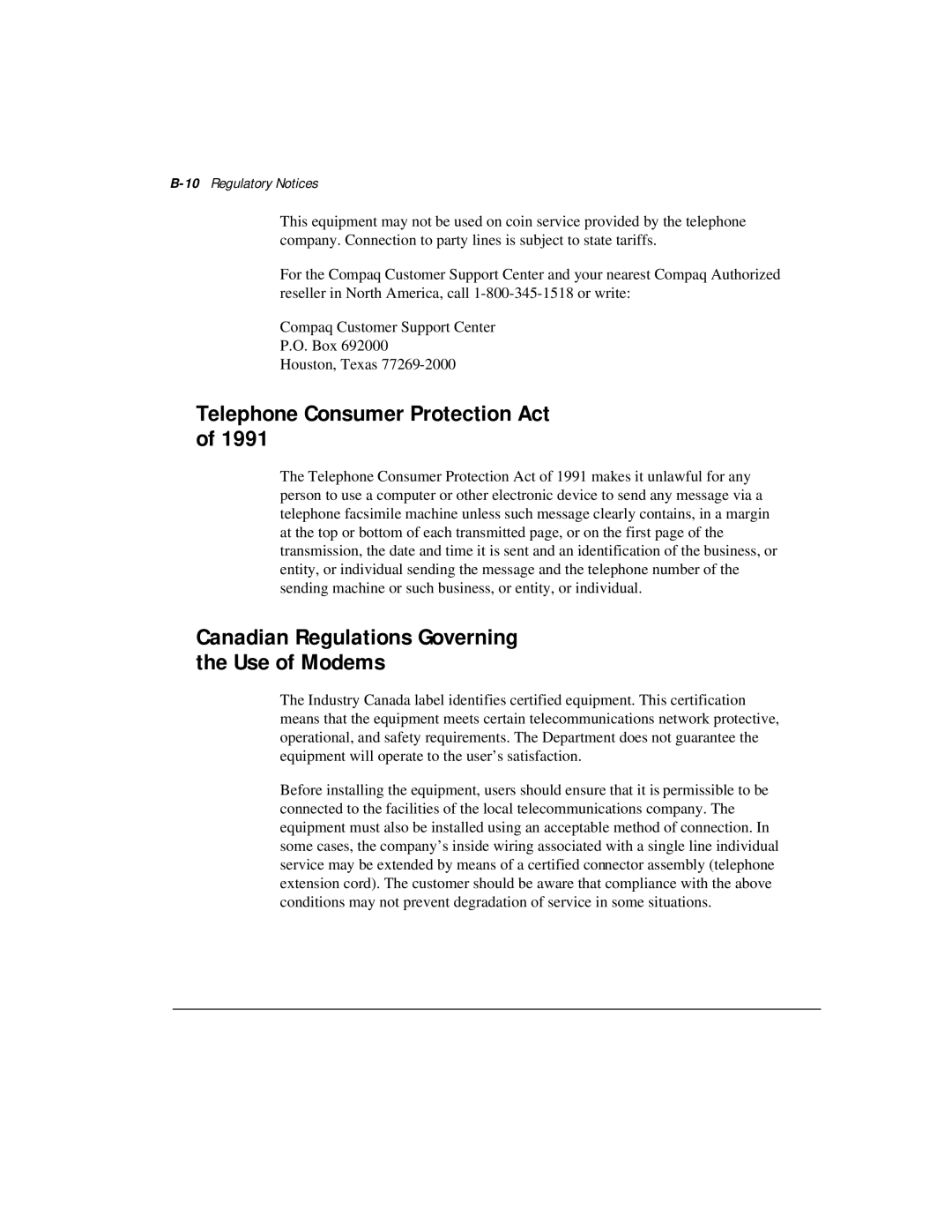 Compaq M300 manual Telephone Consumer Protection Act, Canadian Regulations Governing Use of Modems, 10Regulatory Notices 