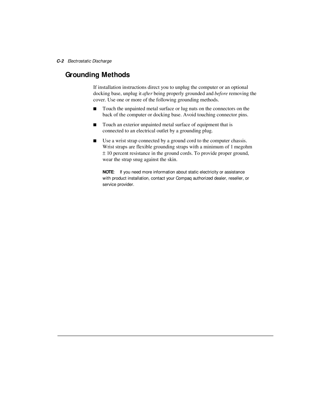 Compaq M300 manual Grounding Methods, 2Electrostatic Discharge 