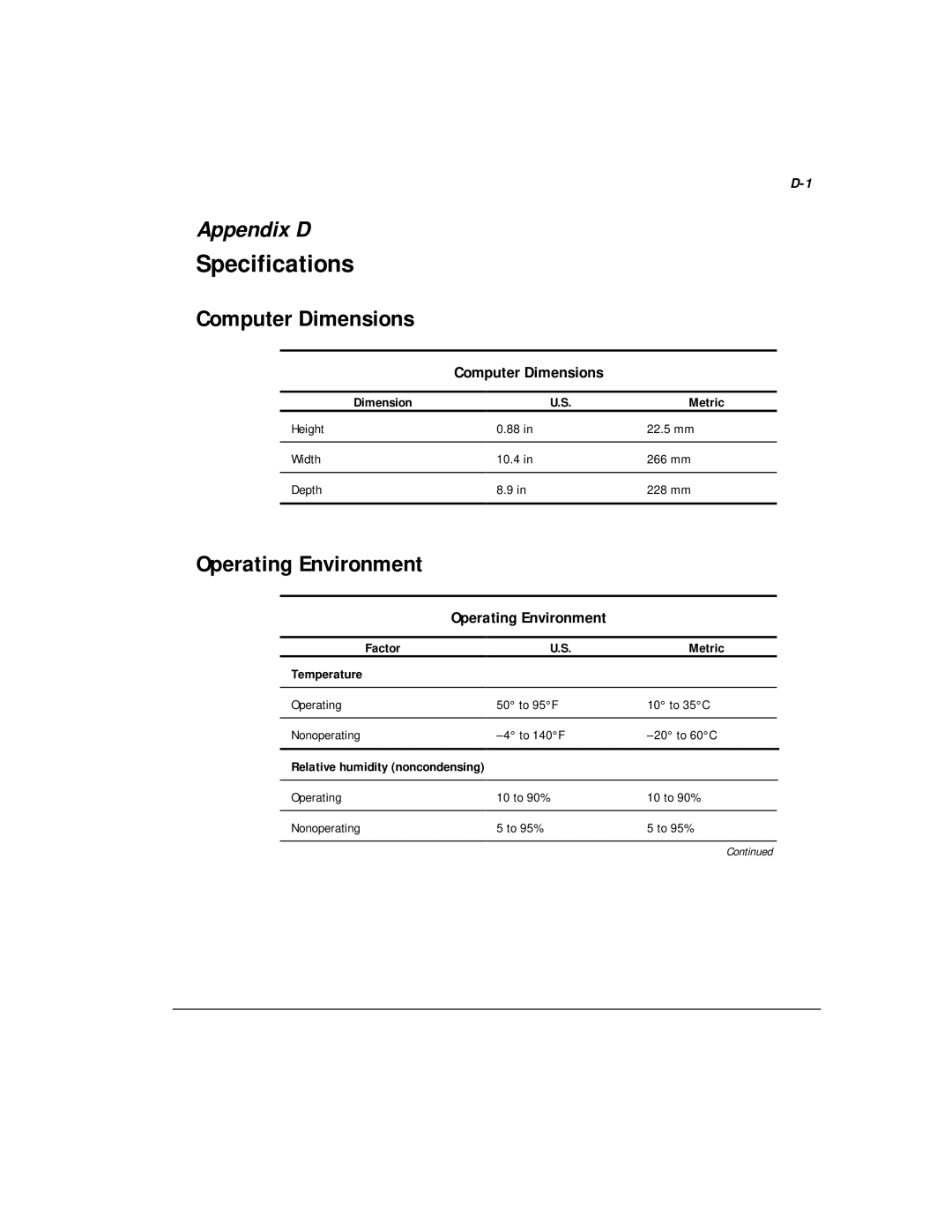 Compaq M300 manual Specifications, Computer Dimensions, Operating Environment 