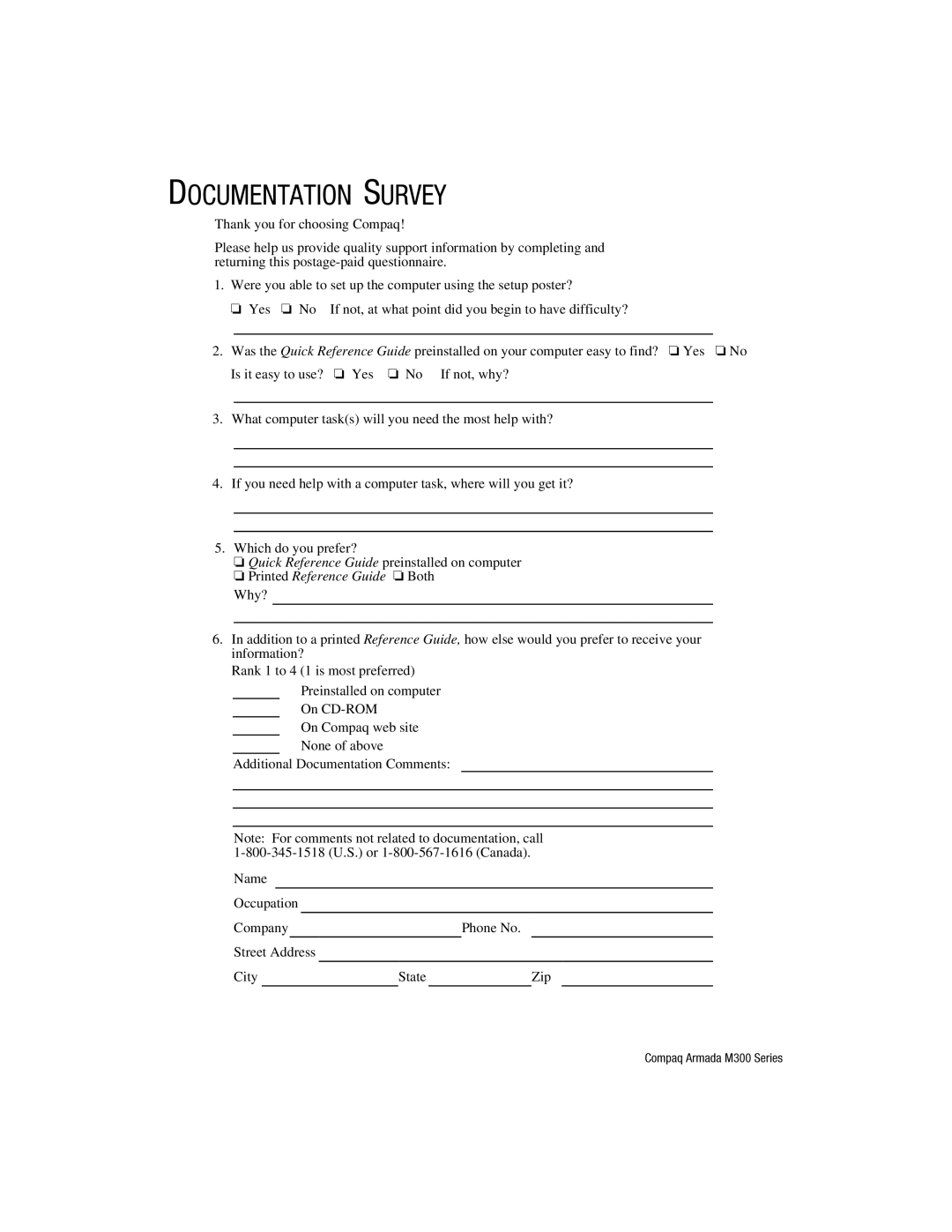 Compaq M300 manual Documentation Survey 