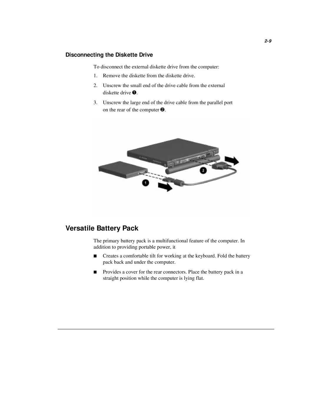 Compaq M300 manual Versatile Battery Pack, Disconnecting the Diskette Drive 