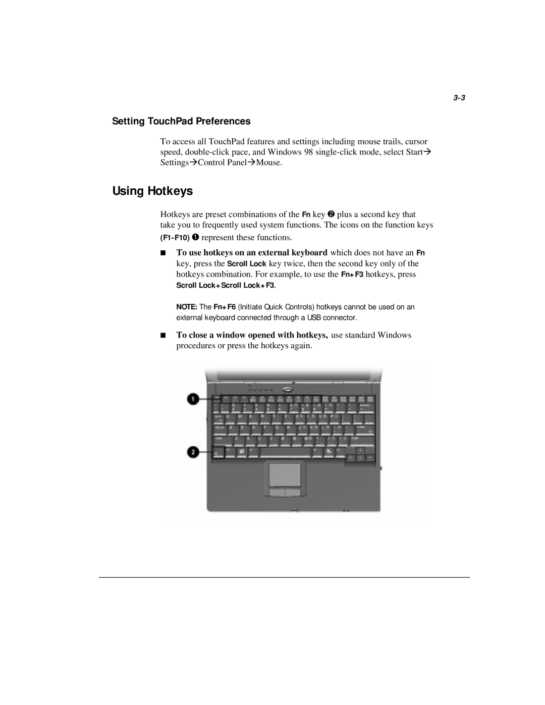 Compaq M300 manual Using Hotkeys, Setting TouchPad Preferences, Scroll Lock+Scroll Lock+F3 