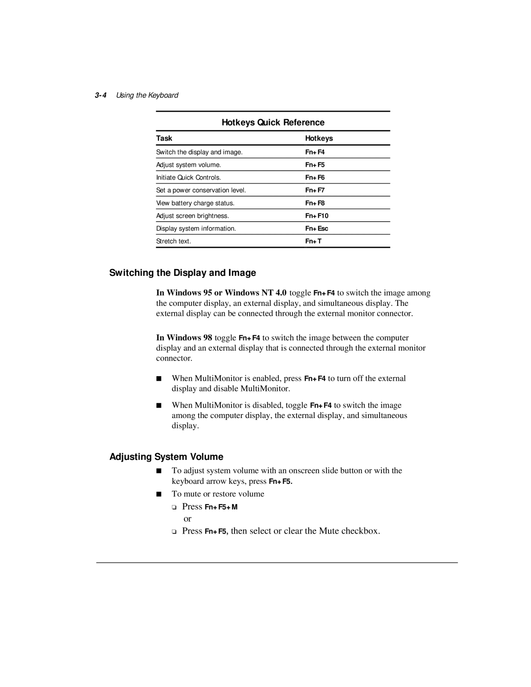 Compaq M300 manual Switching the Display and Image, Adjusting System Volume, Task, Hotkeys, Press Fn+F5+M or 