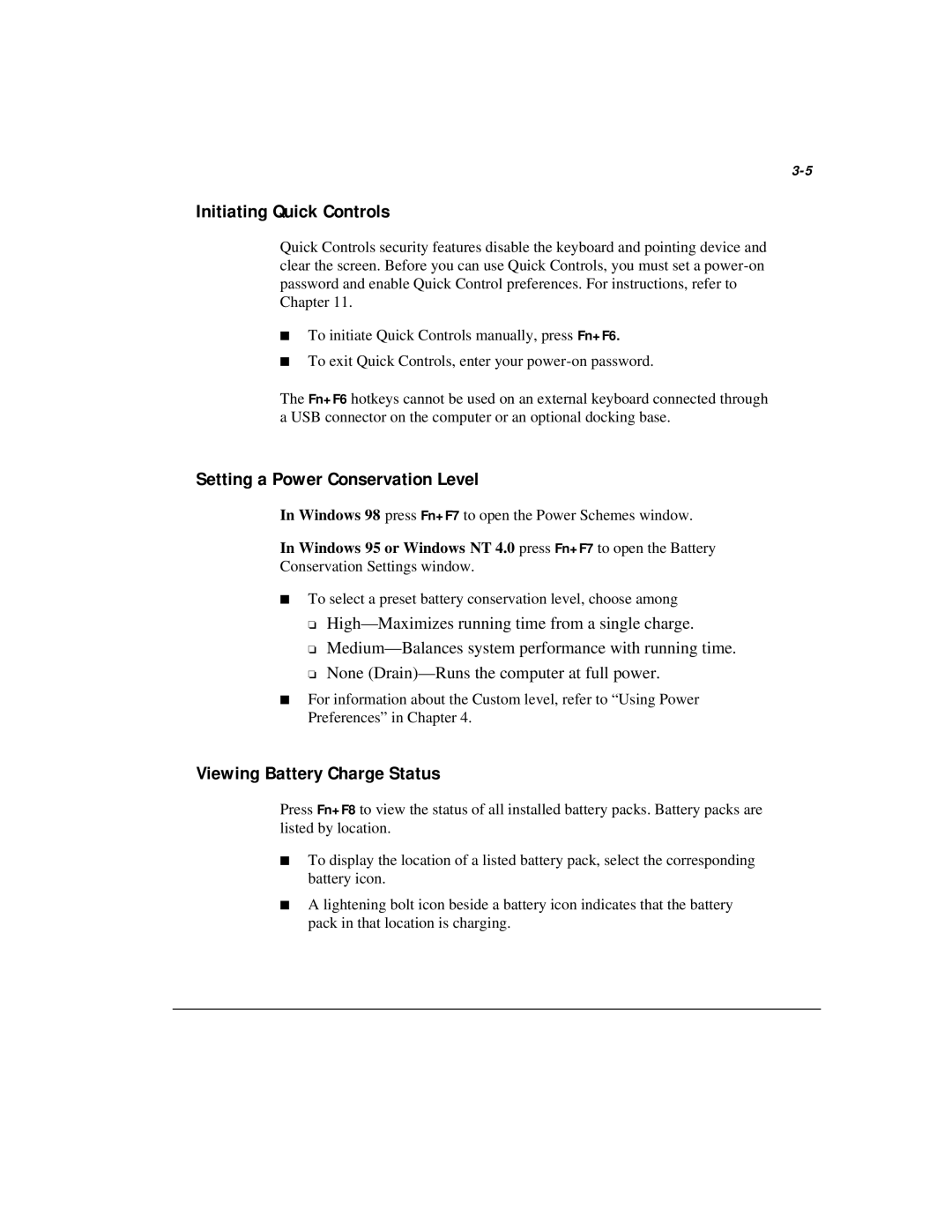 Compaq M300 manual Initiating Quick Controls, Setting a Power Conservation Level, Viewing Battery Charge Status 