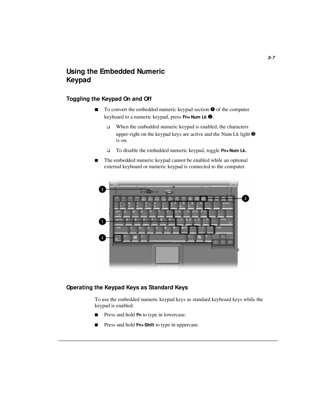 Compaq M300 Using the Embedded Numeric Keypad, Toggling thenKeypad On and Off, Operating the Keypad Keys as Standard Keys 