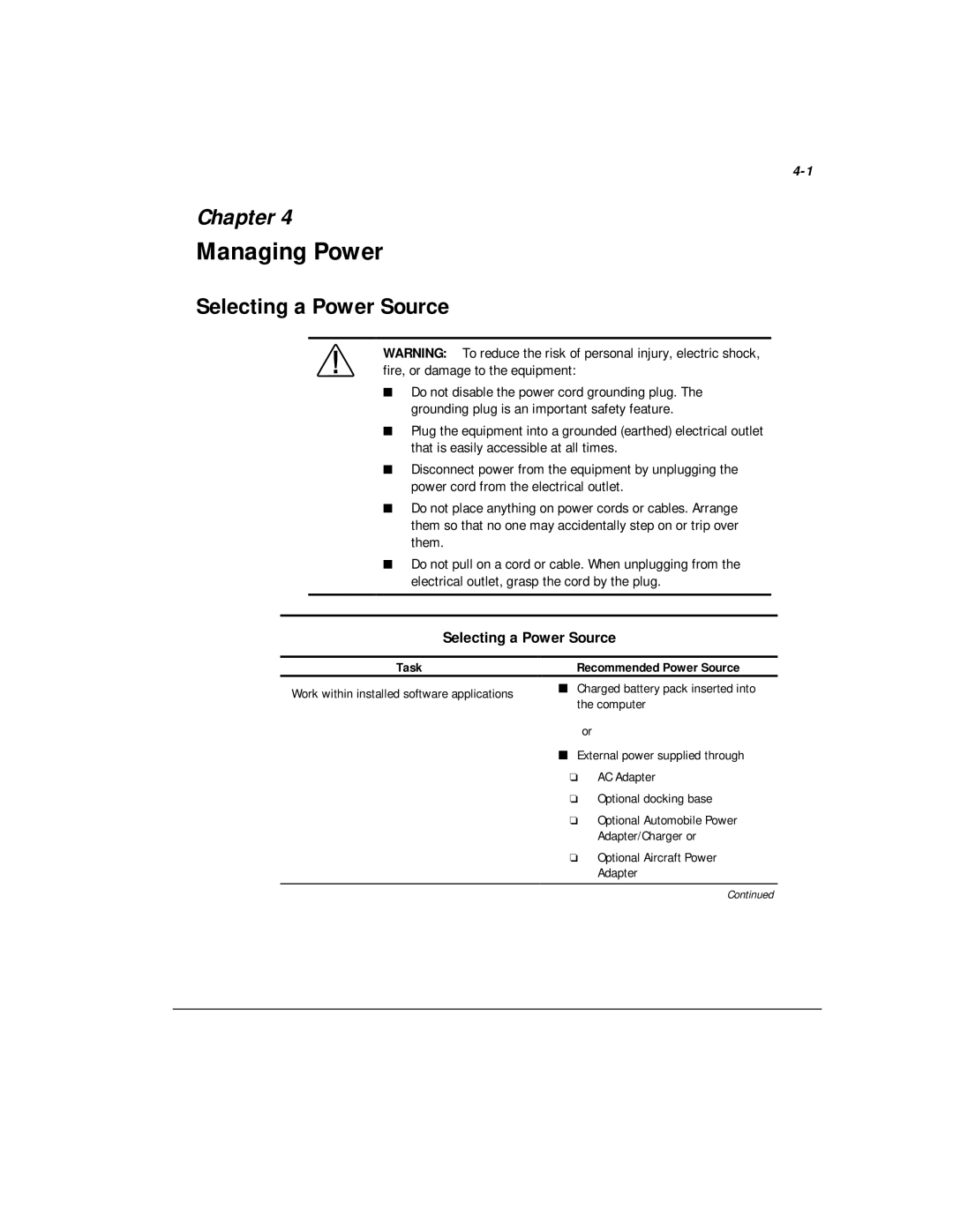 Compaq M300 manual Managing Power, Selecting a Power Source, Recommended Power Source, Optional Aircraft Power Adapter 