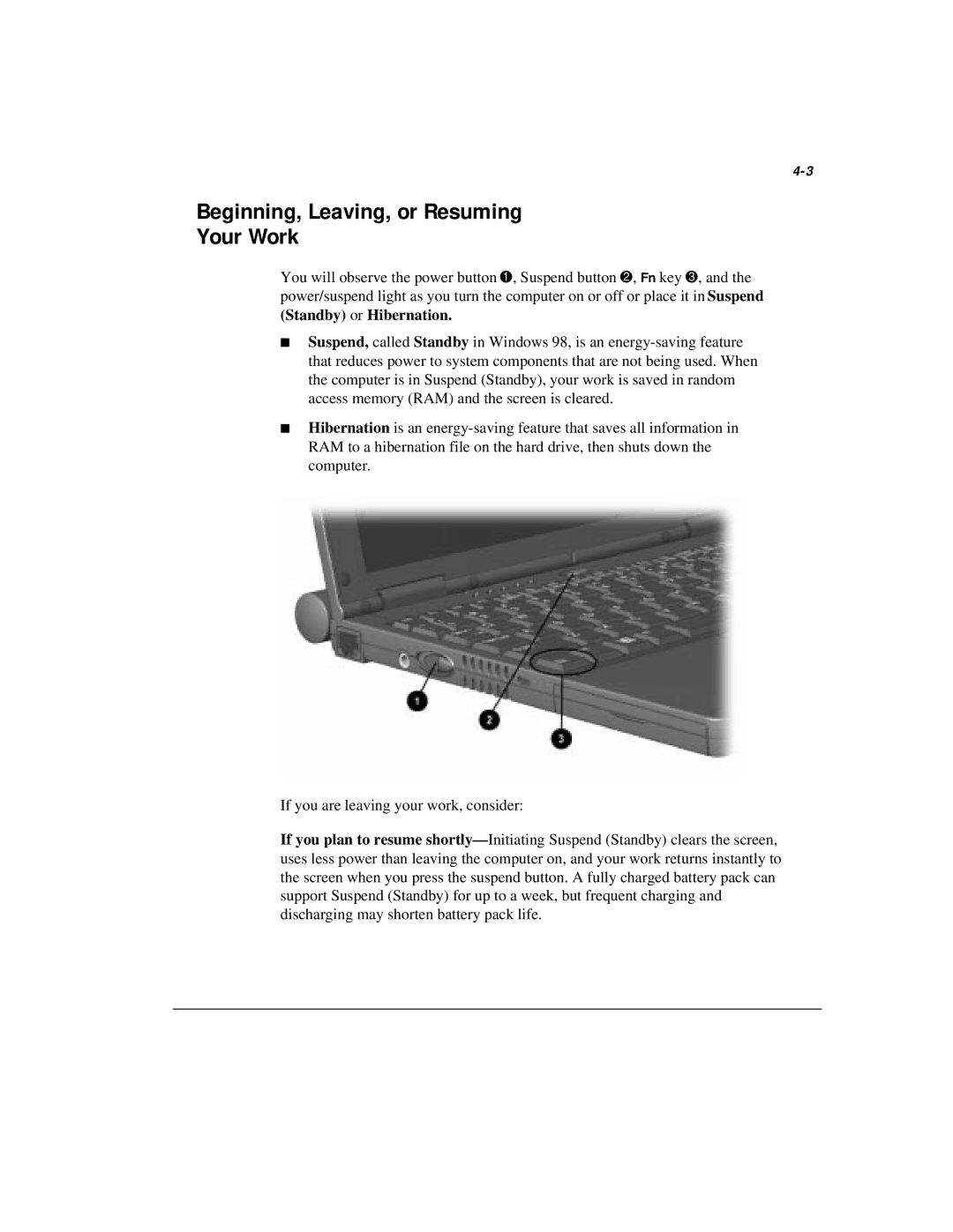 Compaq M300 manual Beginning, Leaving, or Resuming Your Work, Standby or Hibernation 