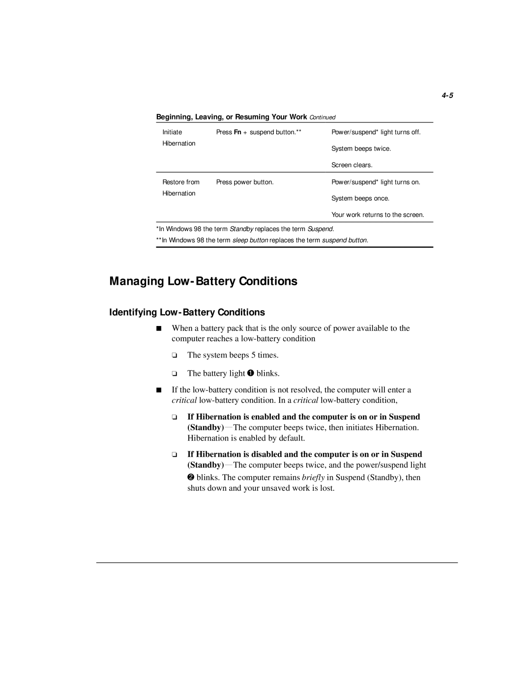 Compaq M300 Managing Low-Battery Conditions, Identifying Low-Battery Conditions, Beginning, Leaving, or Resuming Your Work 