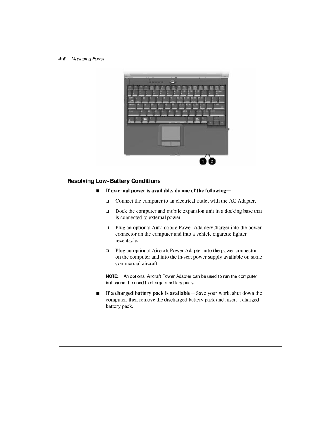 Compaq M300 manual Resolving Low-Battery Conditions, 6Managing Power 