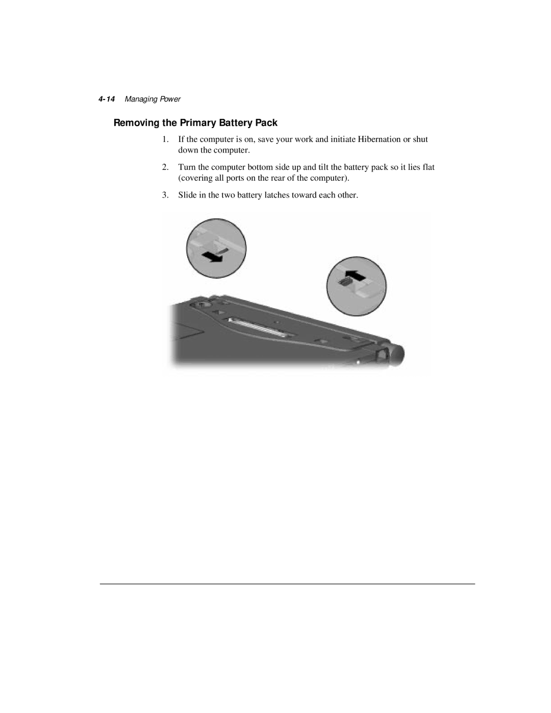 Compaq M300 manual Removing the Primary Battery Pack, 14Managing Power 