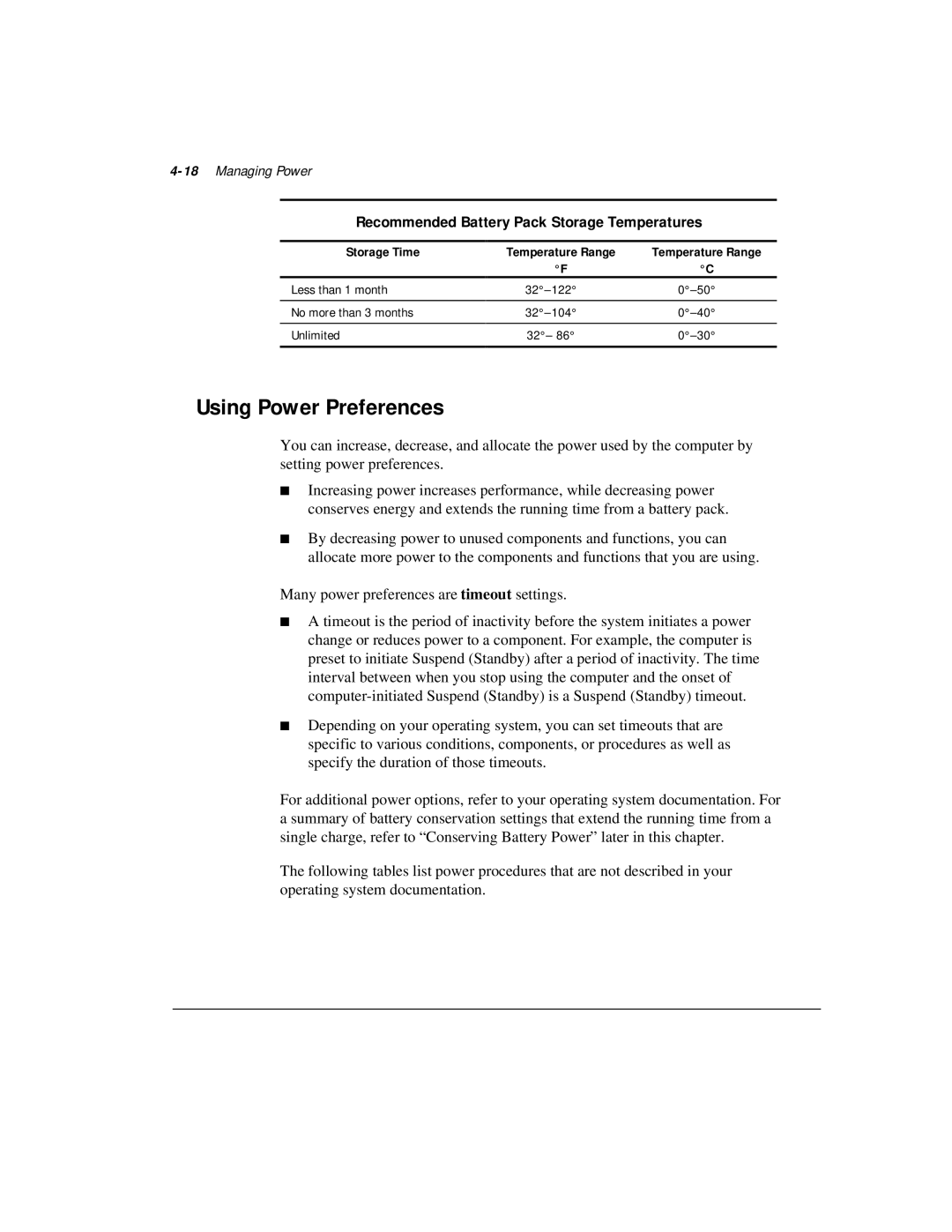 Compaq M300 manual Using Power Preferences, Recommended Battery Pack Storage Temperatures, 18Managing Power, Storage Time 