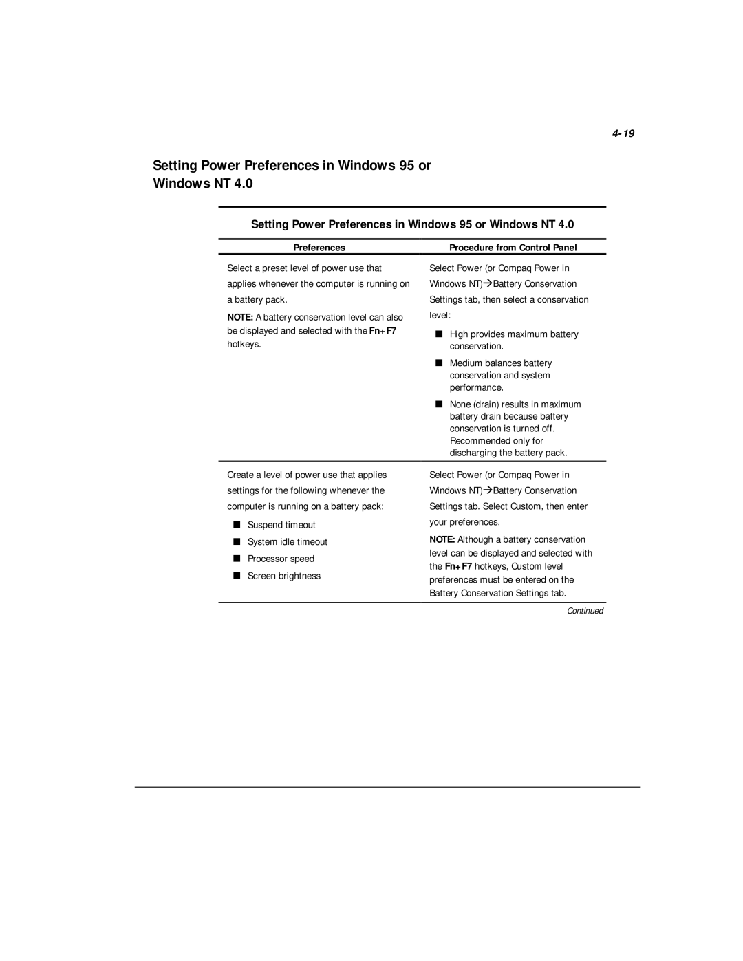 Compaq M300 manual Setting Power Preferences in Windows 95 or Windows NT, Procedure from Control Panel 