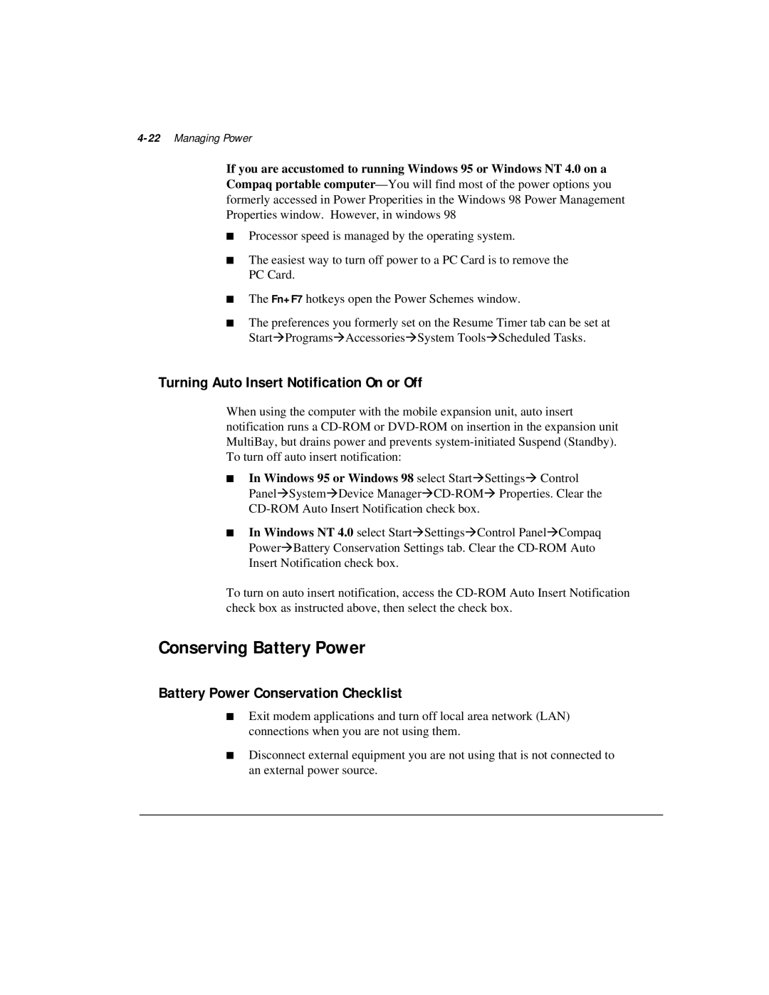 Compaq M300 Conserving Battery Power, Turning Auto Insert Notification On or Off, Battery Power Conservation Checklist 