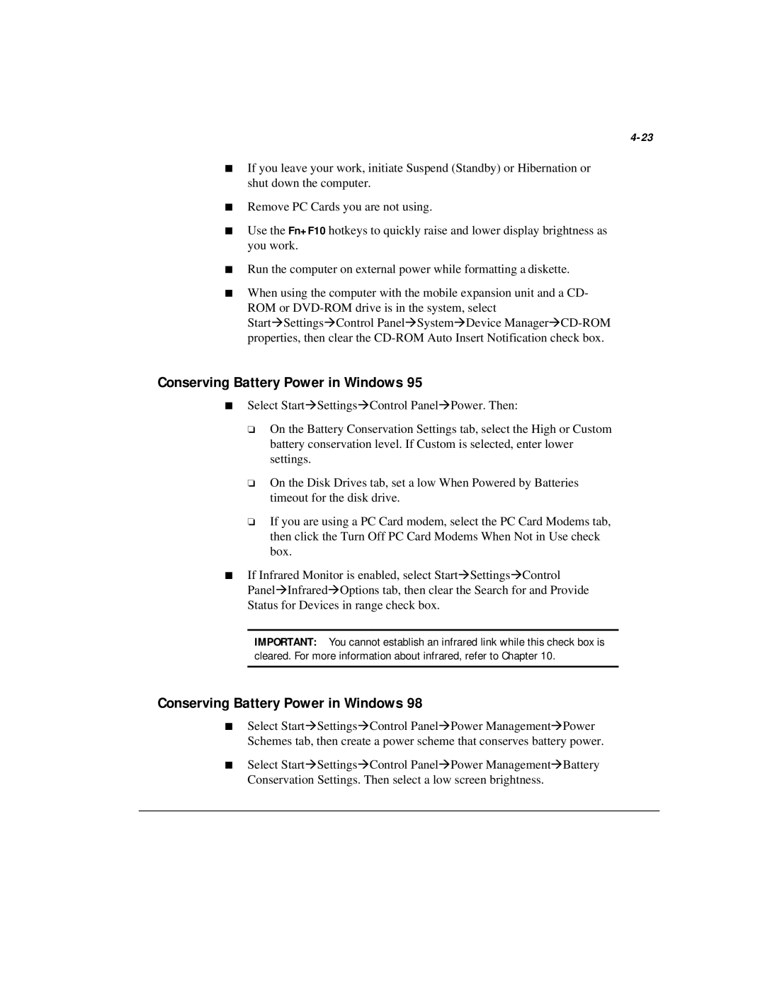 Compaq M300 manual Conserving Battery Power in Windows 