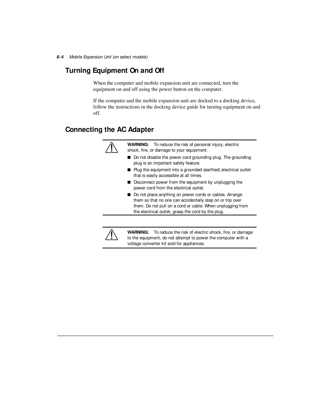 Compaq M300 manual Turning Equipment On and Off, Connecting the AC Adapter, 4Mobile Expansion Unit on select models 