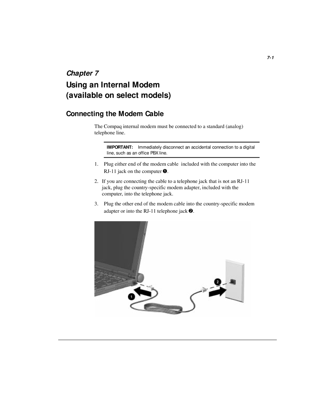 Compaq M300 manual Connecting the Modem Cable 