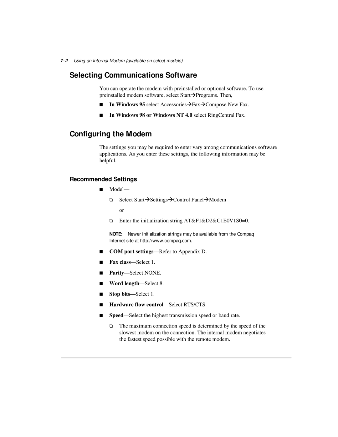 Compaq M300 manual Selecting Communications Software, Configuring the Modem, Recommended Settings 