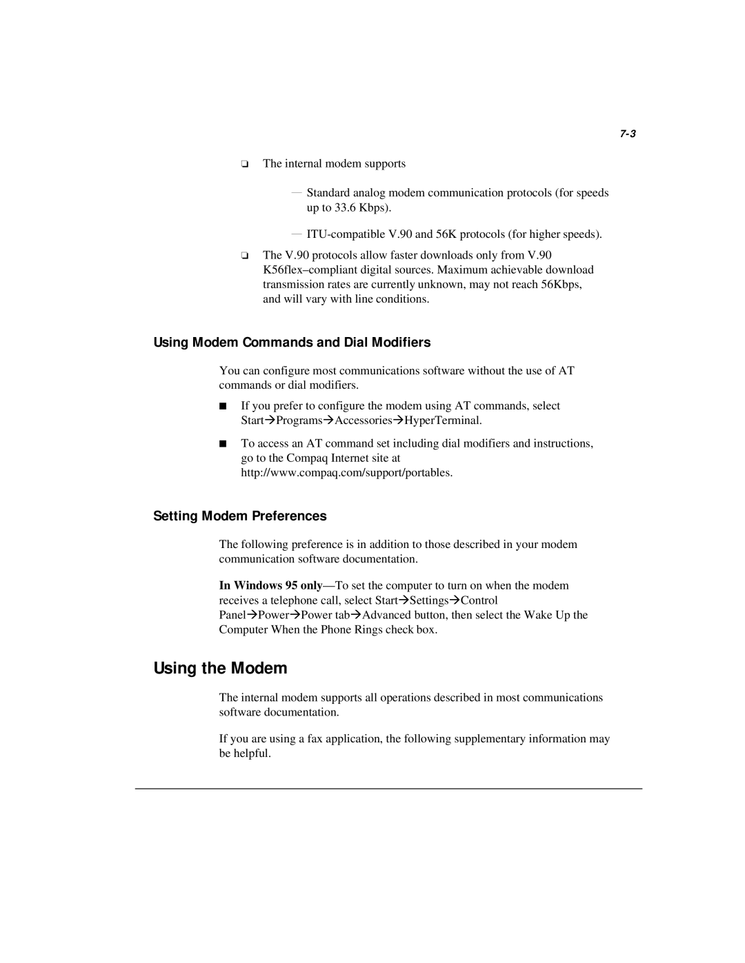 Compaq M300 manual Using the Modem, Using Modem Commands and Dial Modifiers, Setting Modem Preferences 