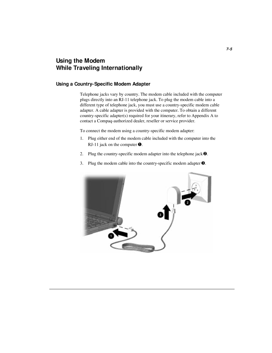 Compaq M300 manual Using the Modem While Traveling Internationally, Using a Country-Specific Modem Adapter 