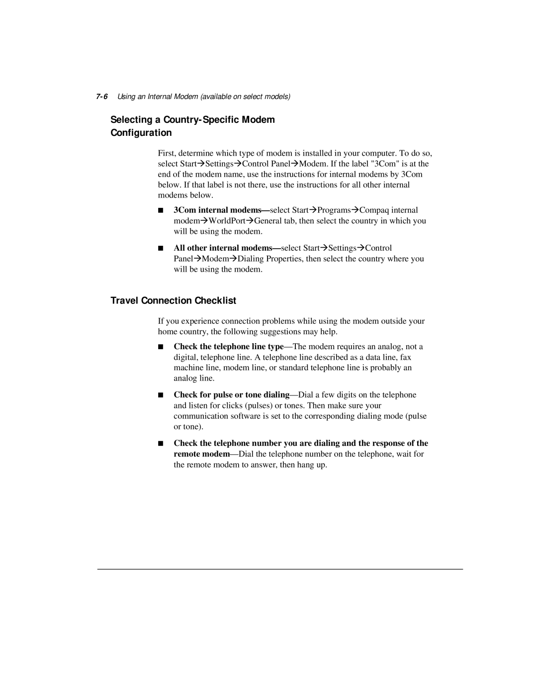 Compaq M300 manual Selecting a Country-Specific Modem Configuration, Travel Connection Checklist 