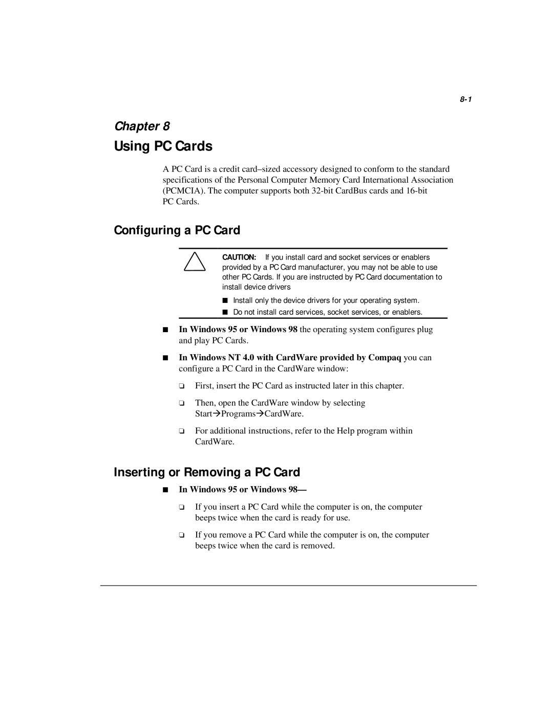 Compaq M300 manual Using PC Cards, Configuring a PC Card, Inserting or Removing a PC Card 