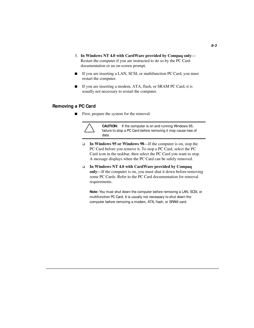 Compaq M300 manual Removing a PC Card 