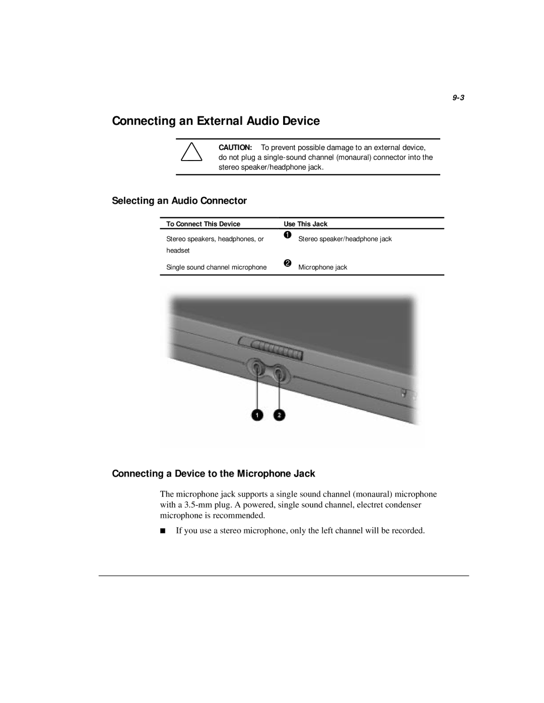 Compaq M300 Connecting an External Audio Device, Connecting a Device to the Microphone Jack, Selecting an Audio Connector 