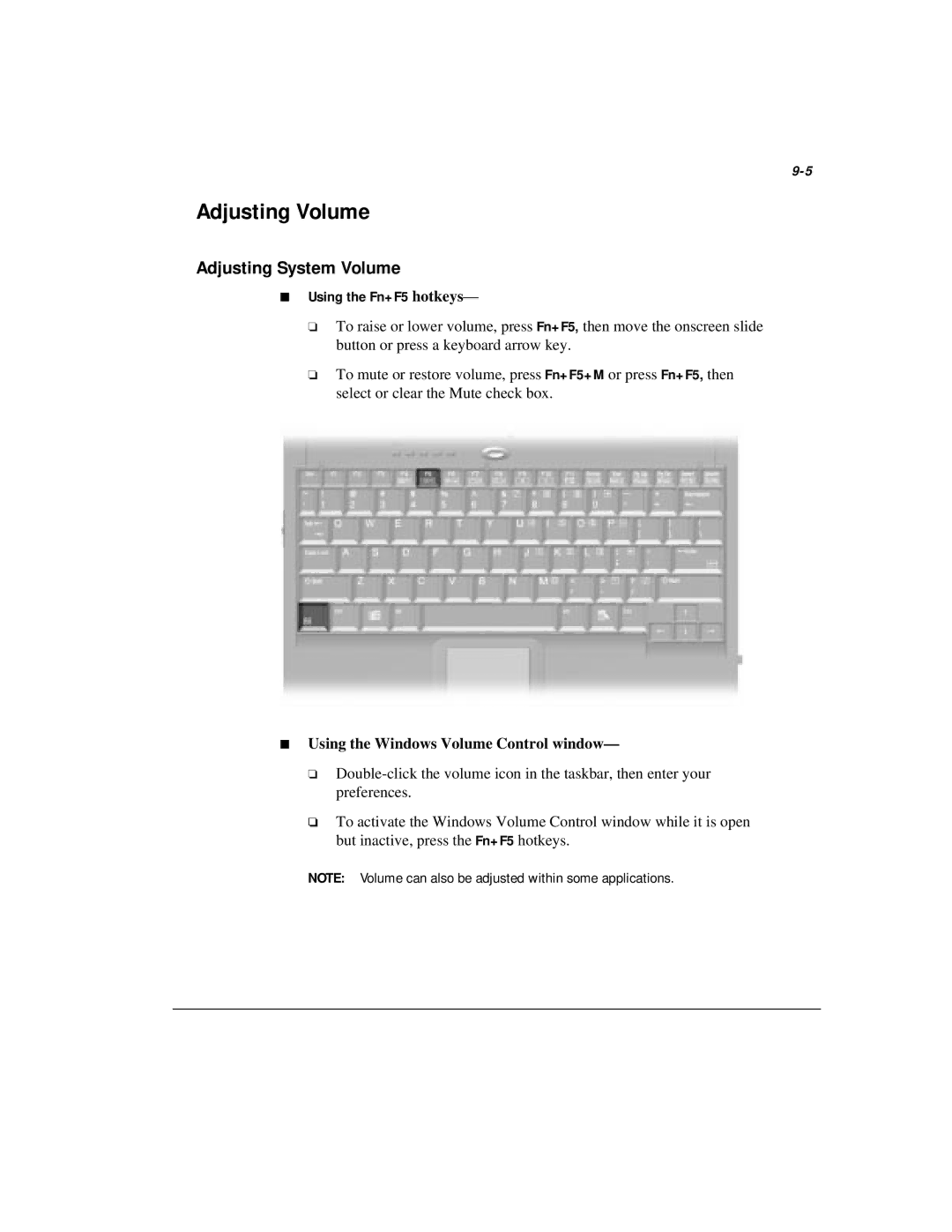 Compaq M300 manual Adjusting Volume, Using the Fn+F5 hotkeys 