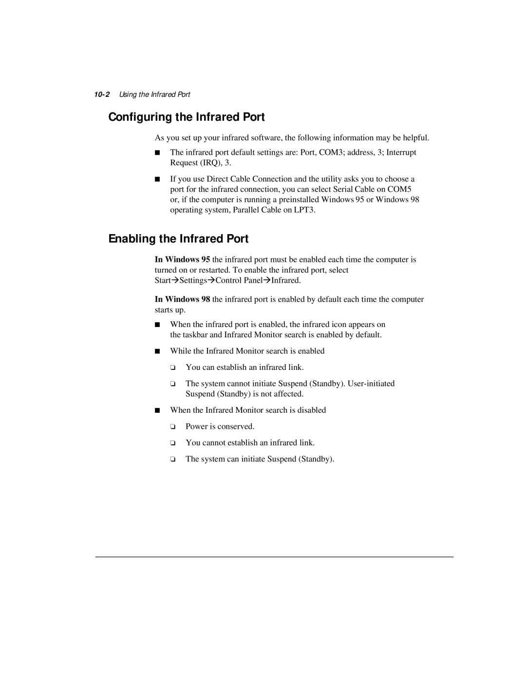 Compaq M300 manual Configuring the Infrared Port, Enabling the Infrared Port, 10-2Using the Infrared Port 