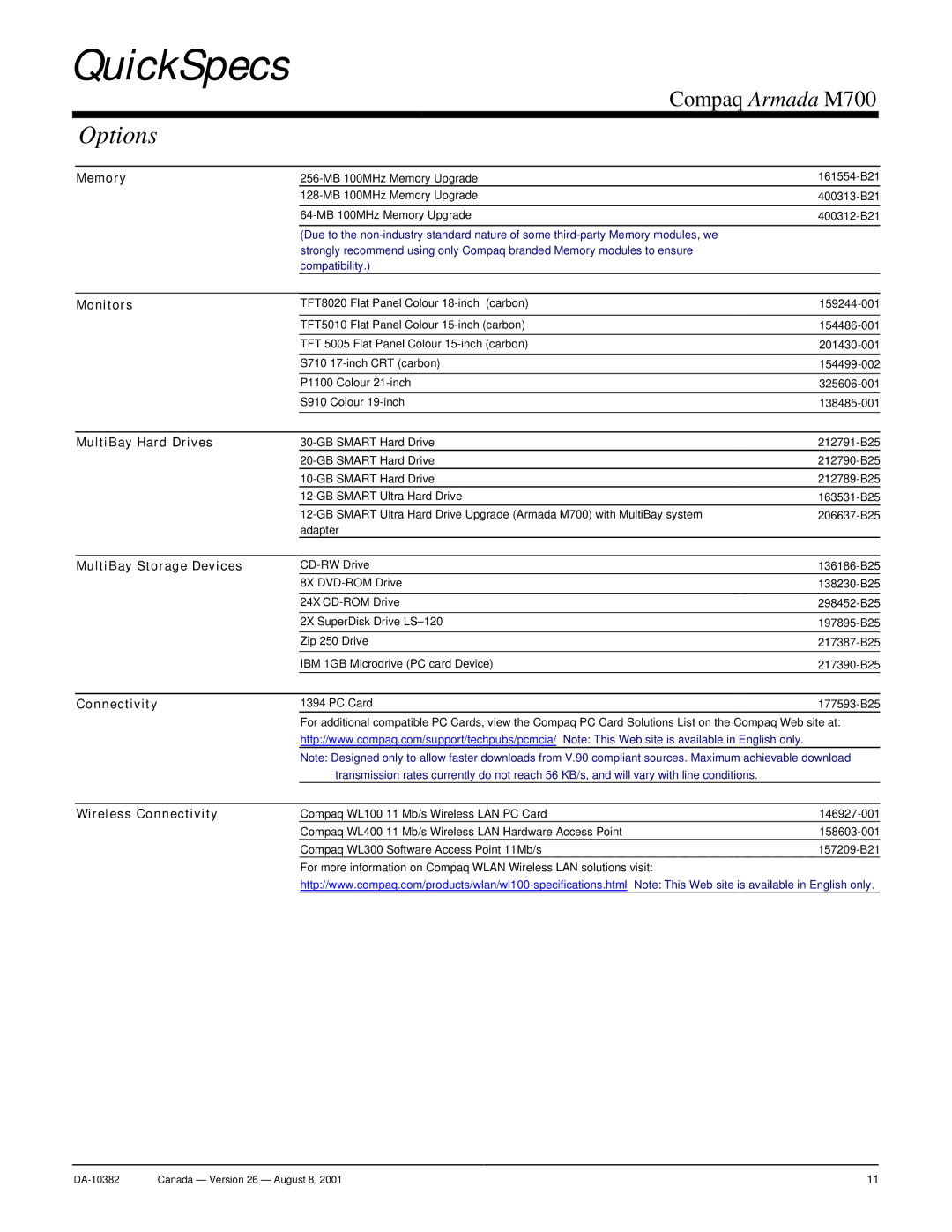 Compaq M700 warranty Options, Monitors, MultiBay Hard Drives MultiBay Storage Devices, Wireless Connectivity 