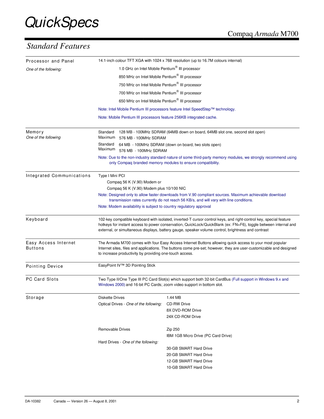 Compaq M700 warranty Standard Features 