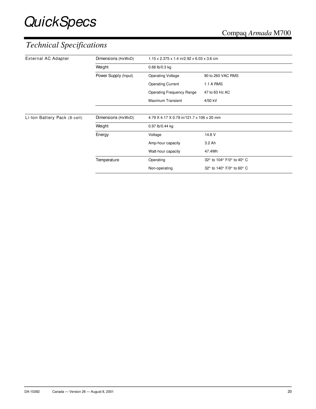 Compaq M700 External AC Adapter Dimensions HxWxD, Power Supply Input, Li-Ion Battery Pack 8-cell Dimensions HxWxD, Energy 