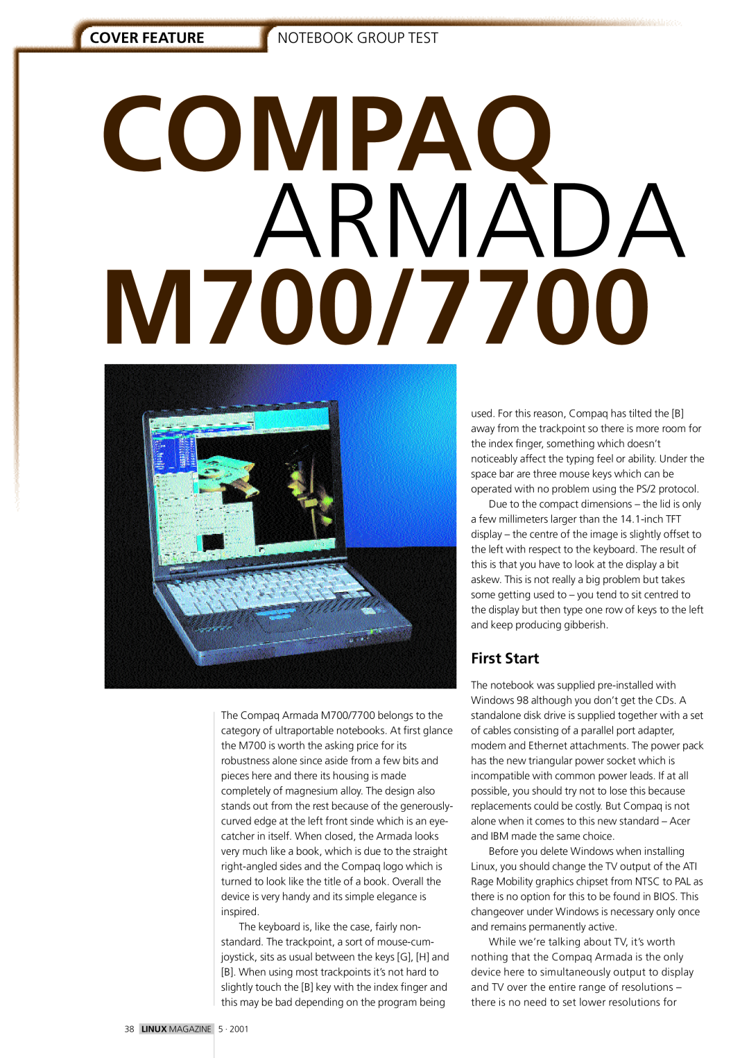 Compaq M700/7700 dimensions Cover Feature, First Start, Compaq, Armada, Notebook Group Test 