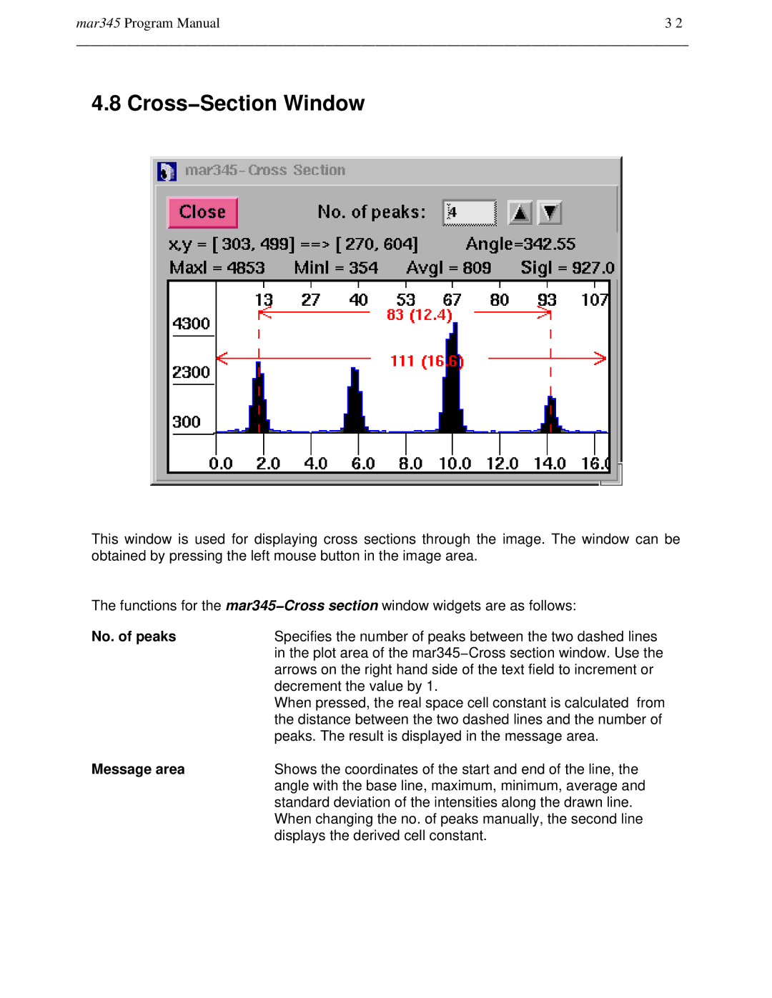 Compaq mar345 manual Cross−Section Window, No. of peaks, Message area 