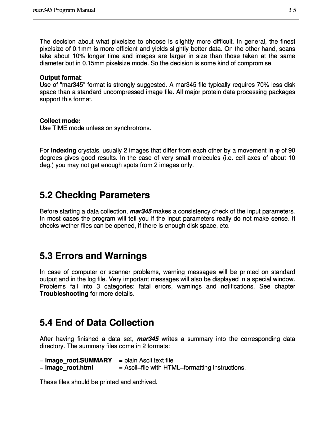 Compaq manual Checking Parameters, Errors and Warnings, End of Data Collection, mar345 Program Manual, Output format 