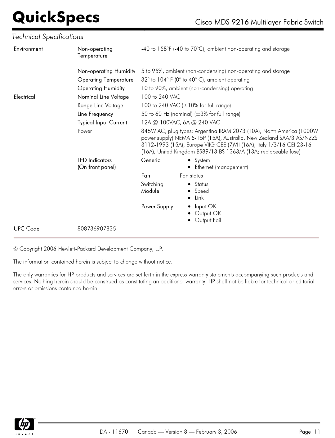 Compaq MDS 9216 Environment Non-operating, Operating Temperature, Operating Humidity, Electrical Nominal Line Voltage 