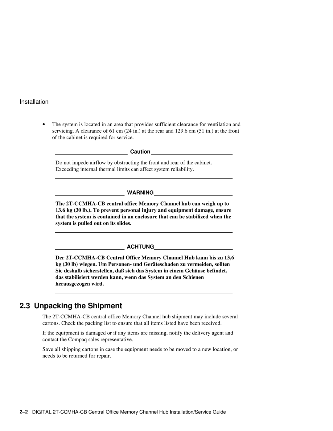 Compaq Memory Channel Hub manual Unpacking the Shipment, Installation 