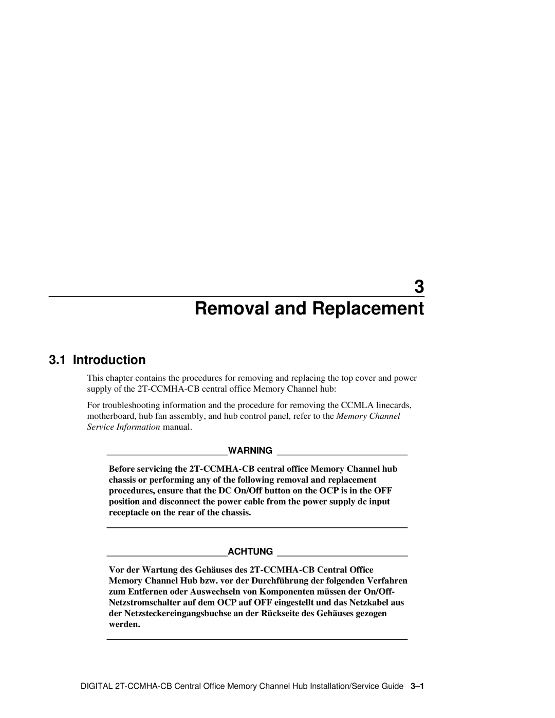 Compaq Memory Channel Hub manual Removal and Replacement, Introduction 