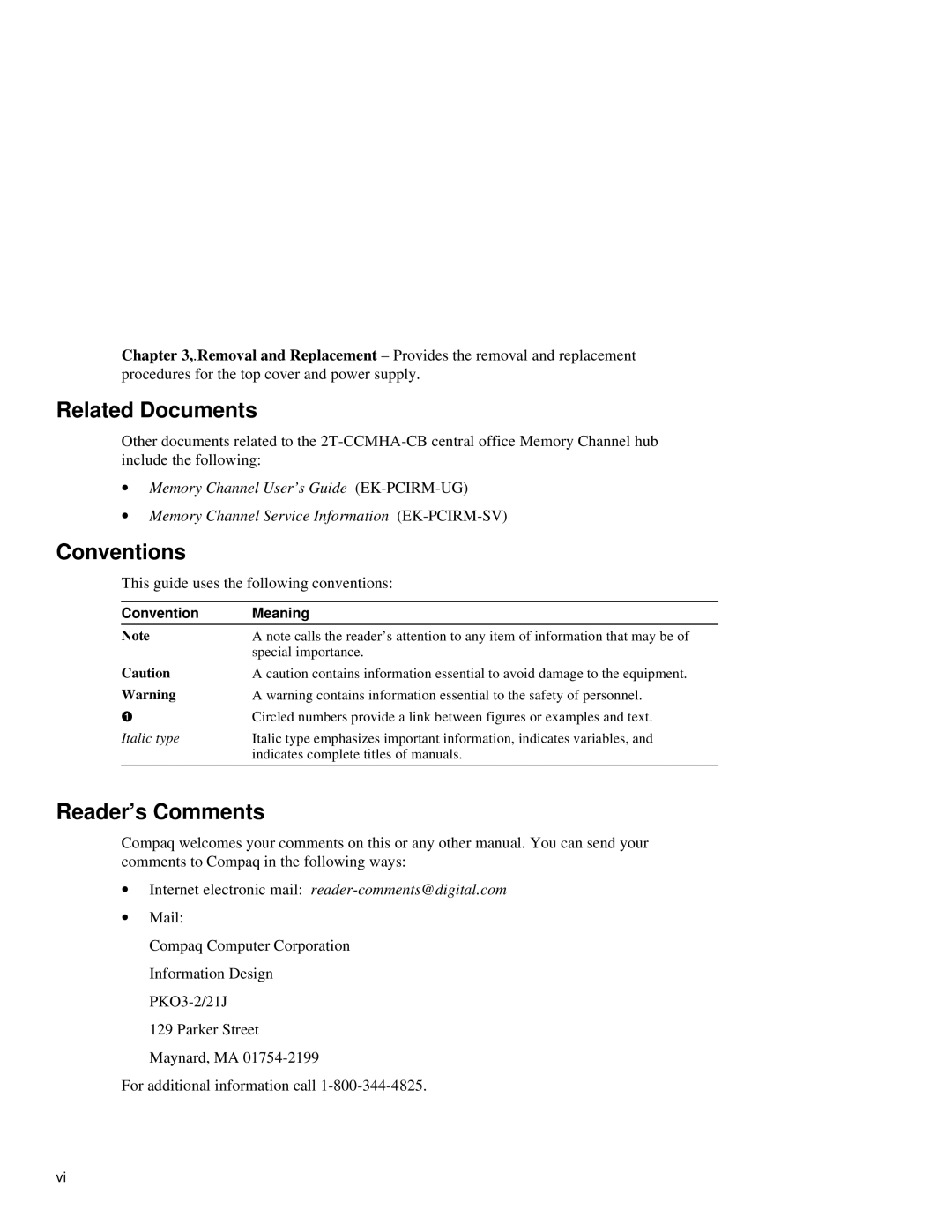 Compaq Memory Channel Hub manual Related Documents, Conventions, Reader’s Comments 