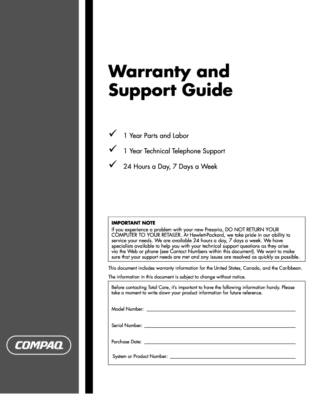 Compaq MIL-L100S warranty Warranty and Support Guide, Year Parts and Labor 1 Year Technical Telephone Support 