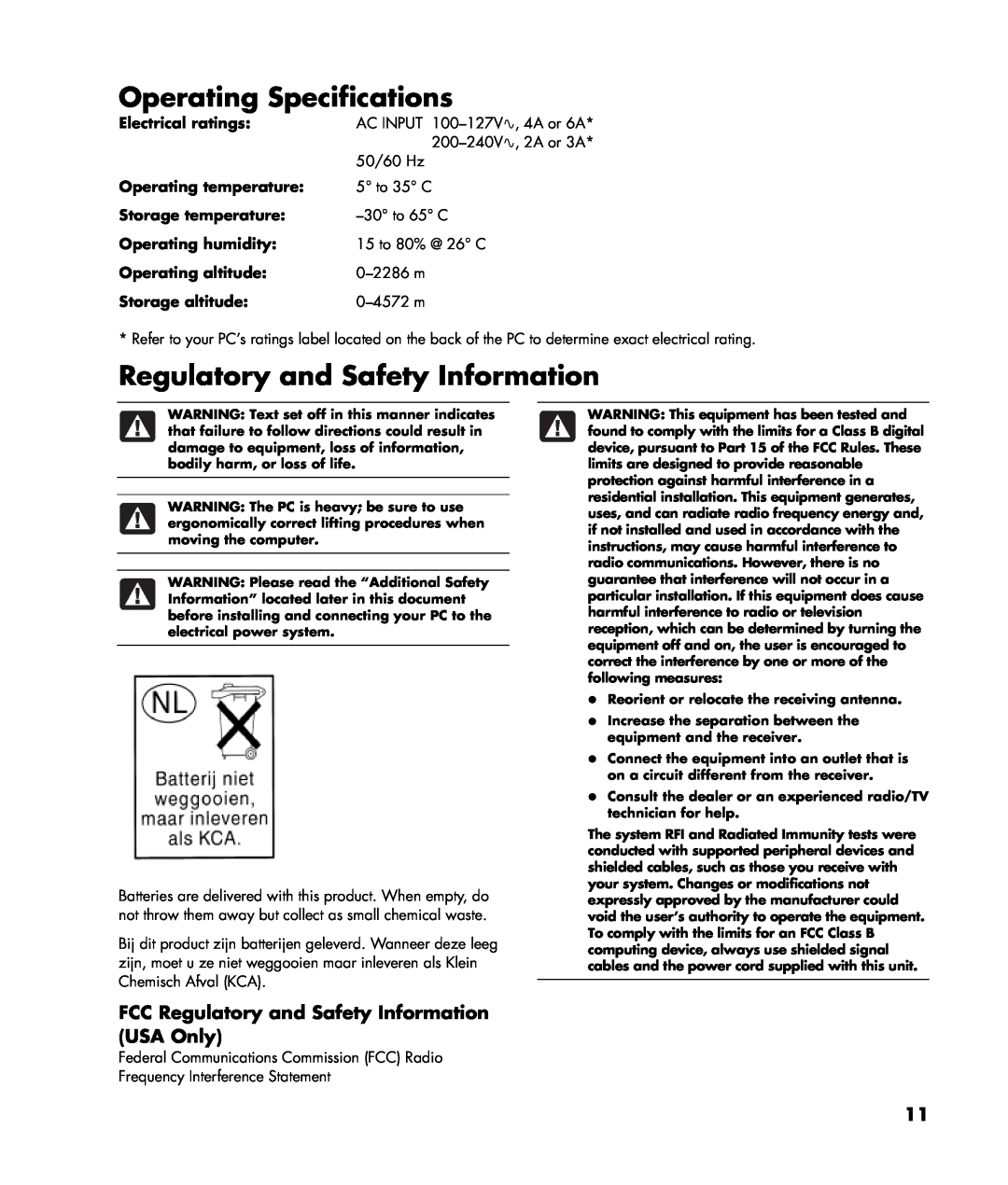 Compaq MIL-L100S Operating Specifications, Regulatory and Safety Information, Electrical ratings, Operating temperature 