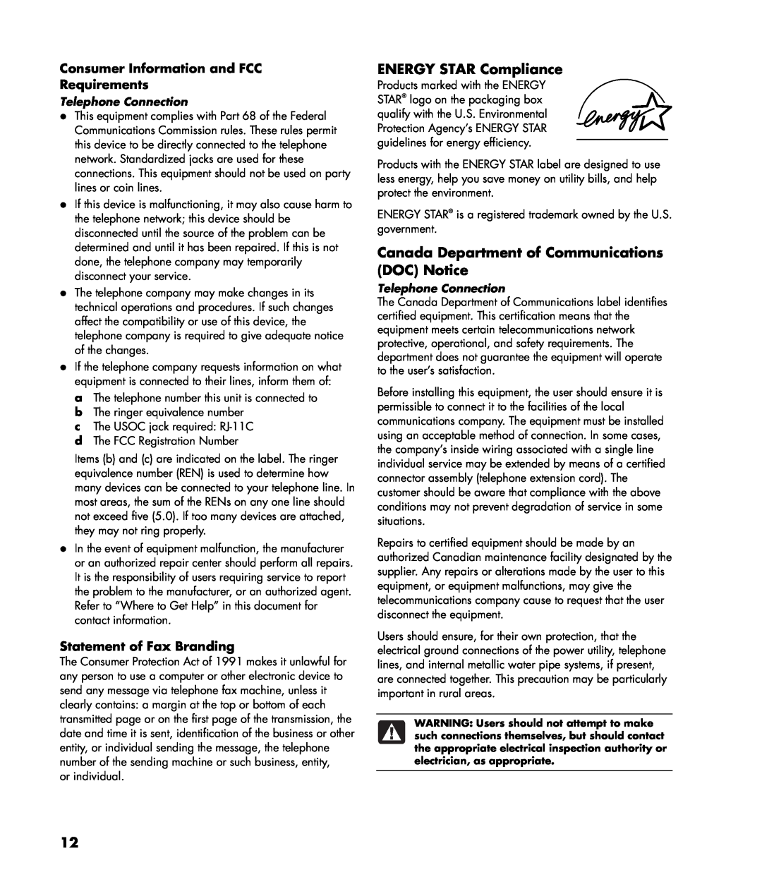 Compaq MIL-L100S warranty ENERGY STAR Compliance, Canada Department of Communications DOC Notice, Statement of Fax Branding 