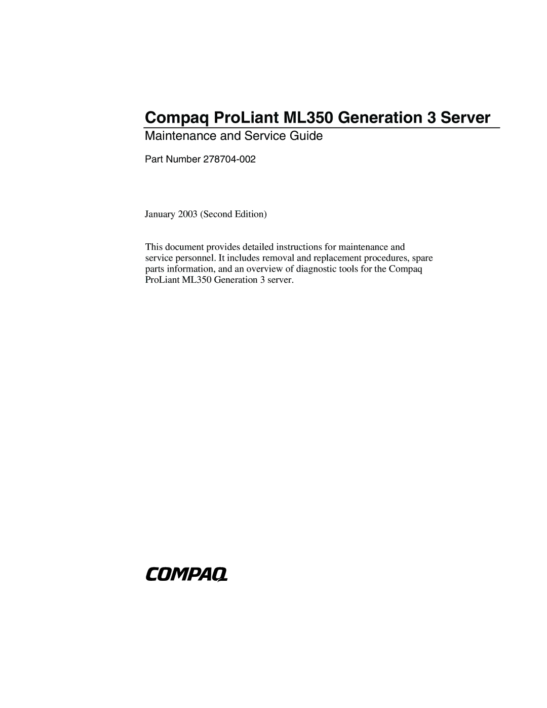 Compaq manual Compaq ProLiant ML350 Generation 3 Server, Maintenance and Service Guide 