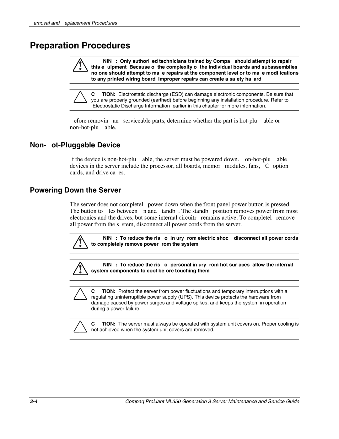 Compaq ML350 manual Preparation Procedures, Non-Hot-Pluggable Device, Powering Down the Server 